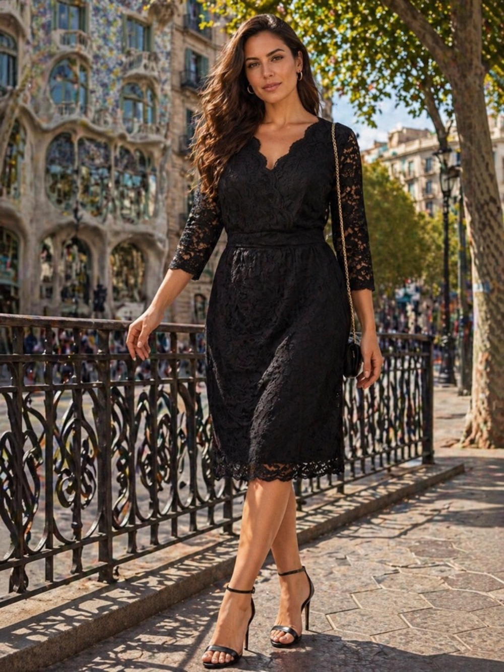 💜Black Lace Midi Dress with Scalloped Hem - Picture 13 of 13